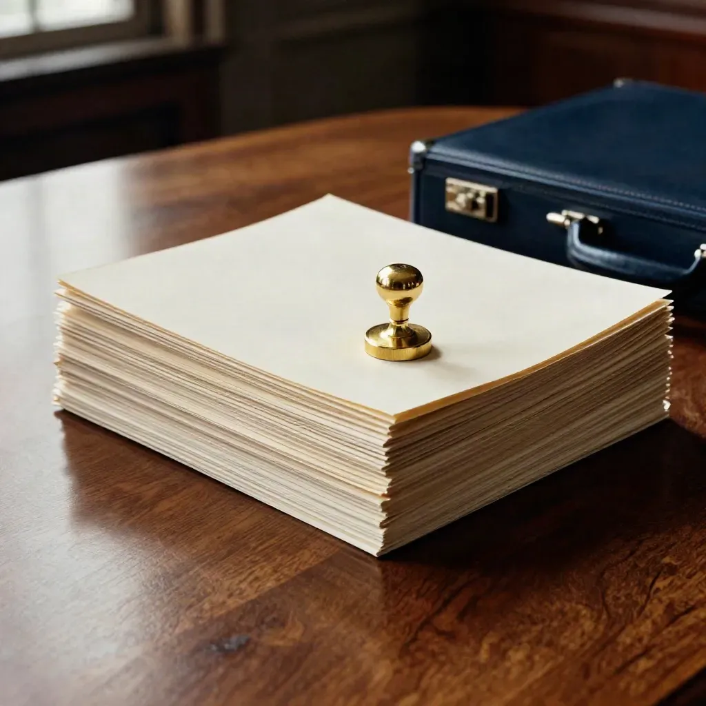 Top-down legal office still life with cream case files, brass seal stamp and navy briefcase on walnut.