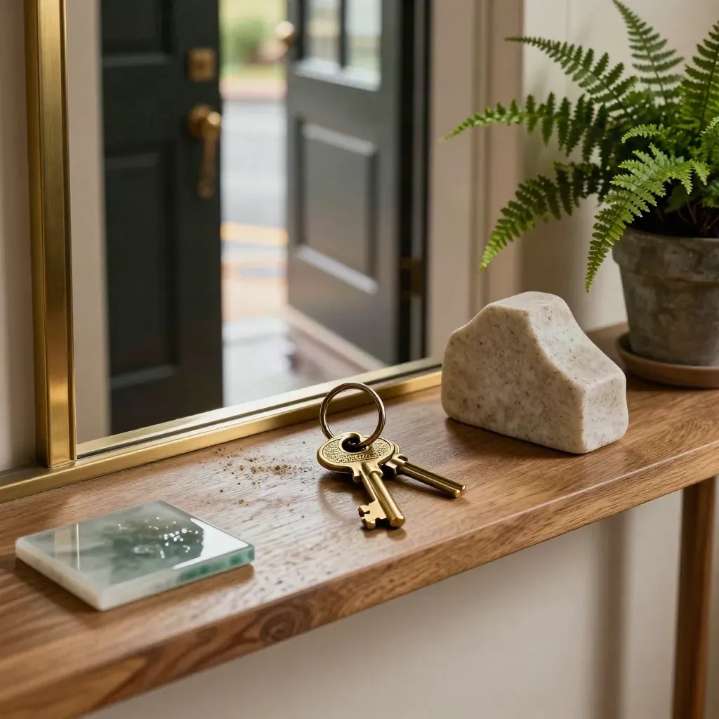 House keys, stone doorstop, sample tile and fern by a half-open front door