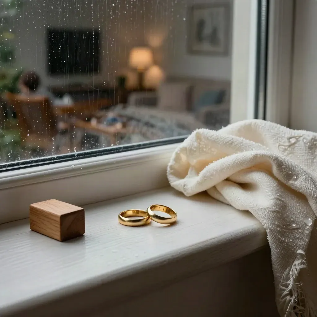 Separated wedding bands, child’s block and cream blanket on a rainy windowsill at night