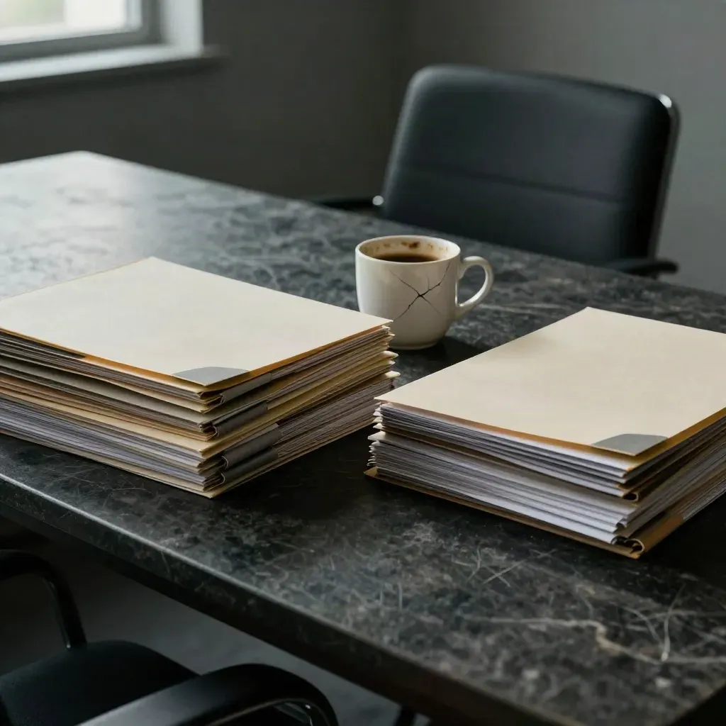 Two legal folder stacks, cracked coffee cup and pushed-back chair on a dark conference table
