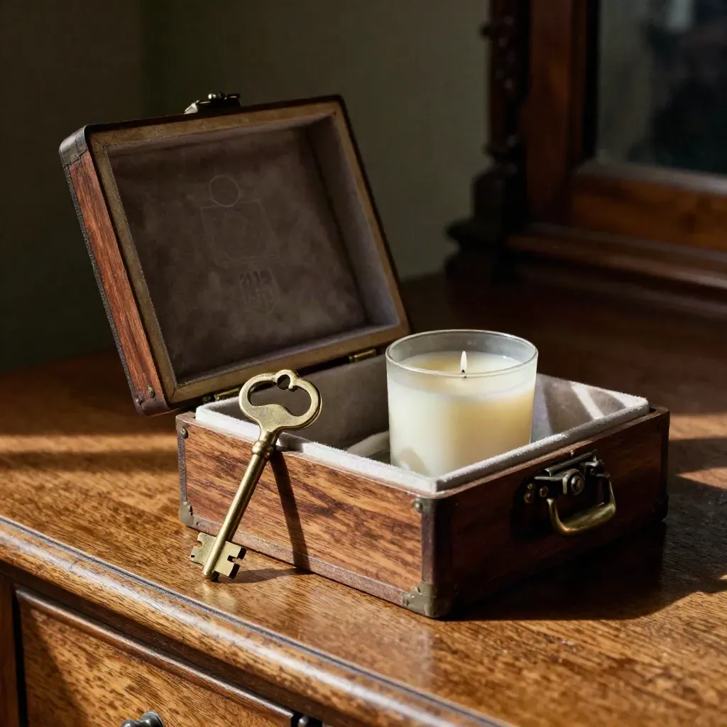 Open keepsake box, brass key and lidded candle on an oak sideboard in soft morning light.