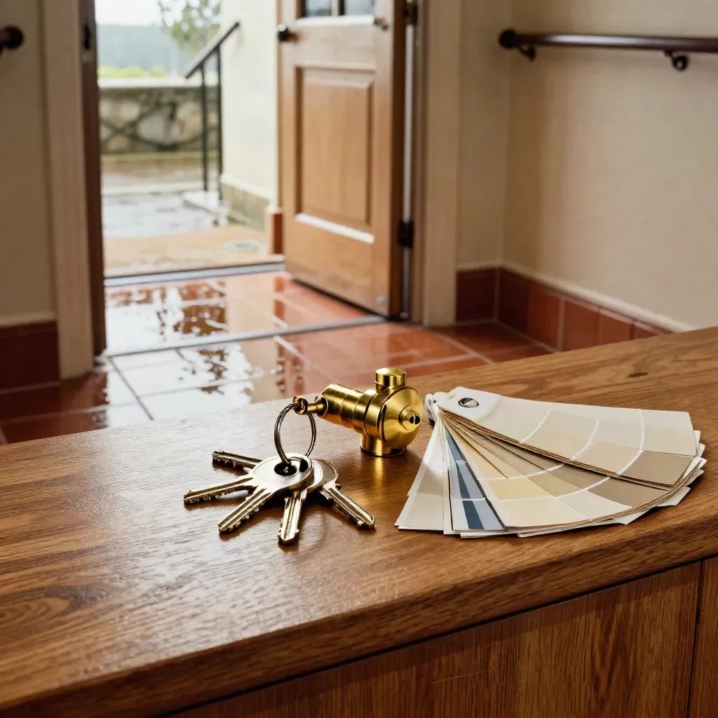 Keys, brass lock cylinder and paint swatches on a hallway console with daylight and wet reflections.