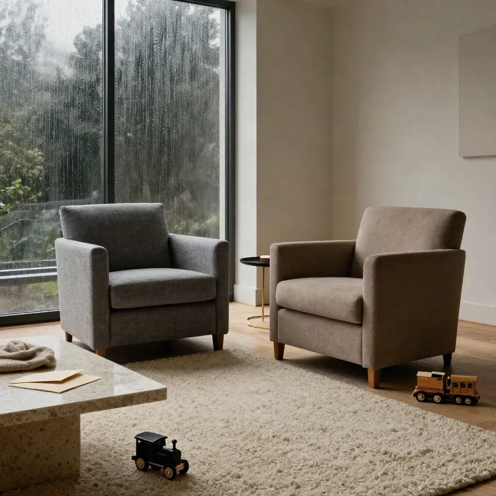 Rainy living room with two armchairs, a wooden toy train, and a cream envelope on a travertine table.