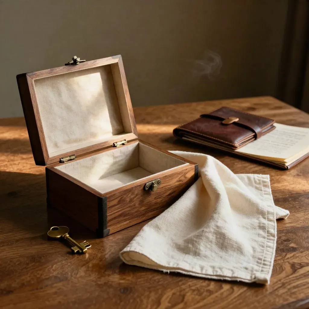 Open keepsake box, house key and folded linen cloth on a dining table in soft morning light.