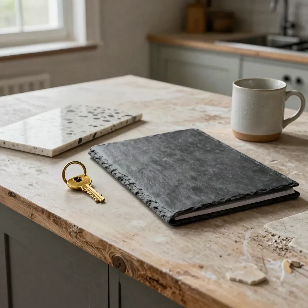 Brass key ring, tile sample, folder, and mug on an unfinished kitchen island