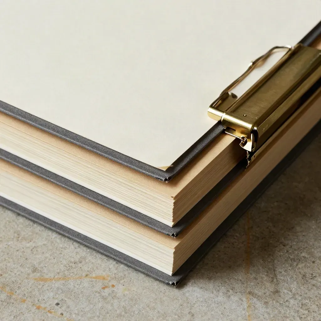 Tabbed legal folders pinned with a brass clip on a stone desk, one page corner lifting in soft daylight.