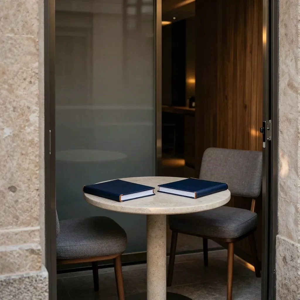 Two navy legal folders on a round table between empty chairs in a dim meeting nook.