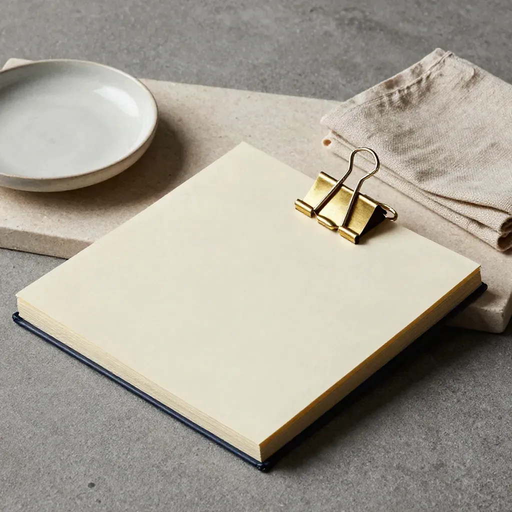 Brass binder clip on cream folder beside dish and linen on stone tray.