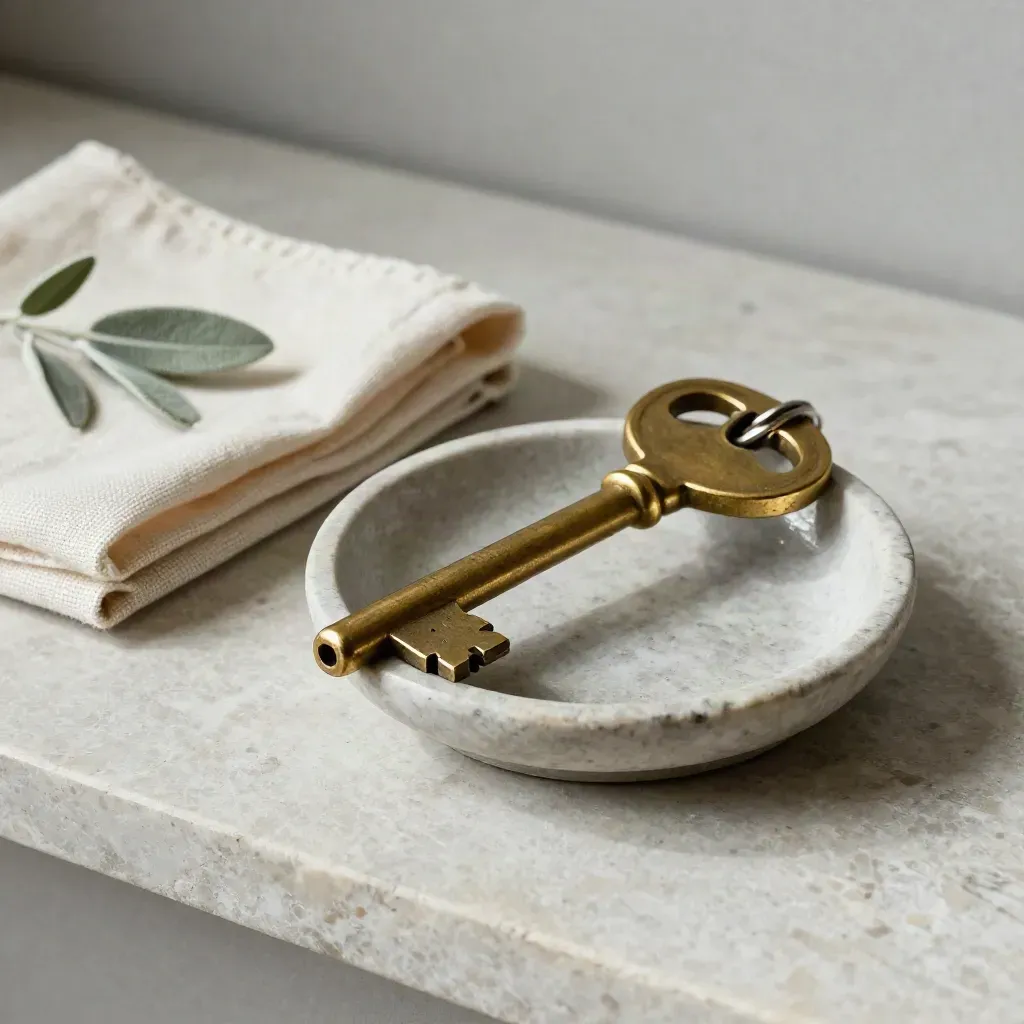 Brass house key on stone saucer with linen and a small potted sprig.